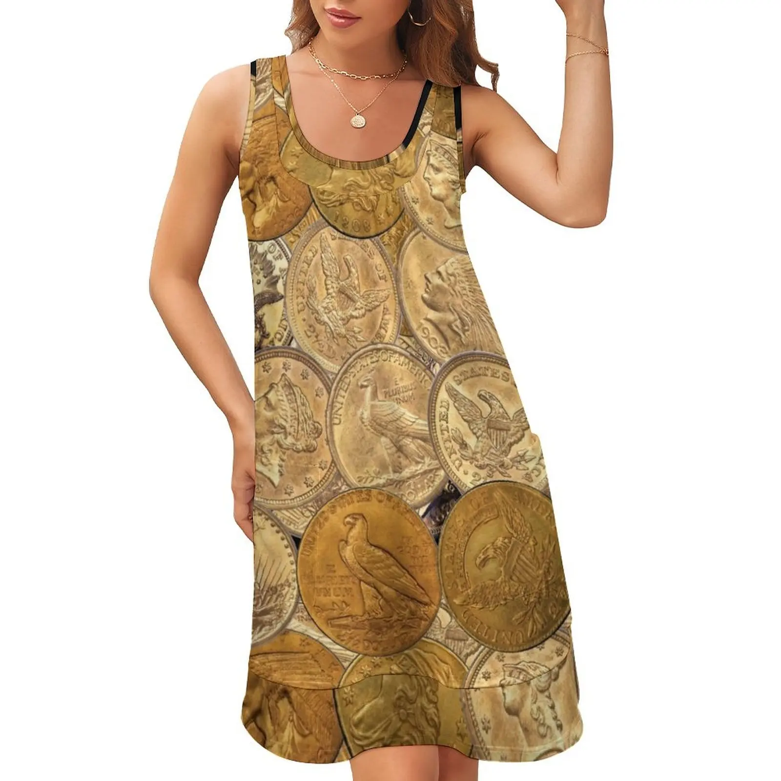 

Pre 1933 US Gold Coins Sleeveless U-Neck Fake Two Piece Dress women's clothing korea stylish Woman clothing ceremony dresses