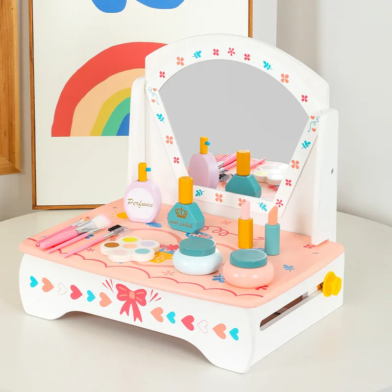 folding-makeup-dressing-table-toys-for-girl-games-wooden-simulation-children's-cosmetic-set-kids-play-house-wood-lipstick-stuff