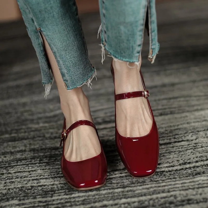 New Women's Red Black Mary Janes Shoes High Quality Leather Low Heel Dress Shoes Square Toe Shallow Buckle Strap Women's Shoes 3