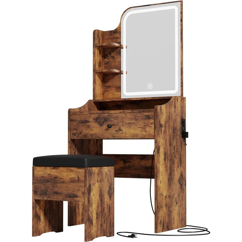

Small Makeup with Mirror and Lights, Vanity Table Set with Storage Drawer & Chair & 3 Shelves, Bedroom, Vintage Brown