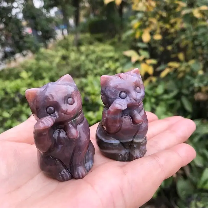 

5cm Natural Ocean Jasper Fortune Cat Figurines Stones Carved Room Ornament Healing Crystals Gemstone Craft Gift 1pcs