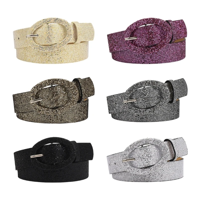 

Adjustable Oval Buckle Waist Belt Shinning Sequins Belt for Women Men Jeans