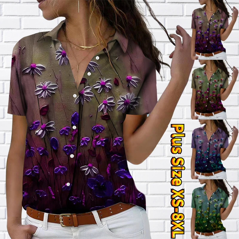 

Sexy V-neck Button Shirt Women's Vintage Prints Blouse Shirt Elegance Short Sleeve Summer New Design Printing Button Tops XS-8XL