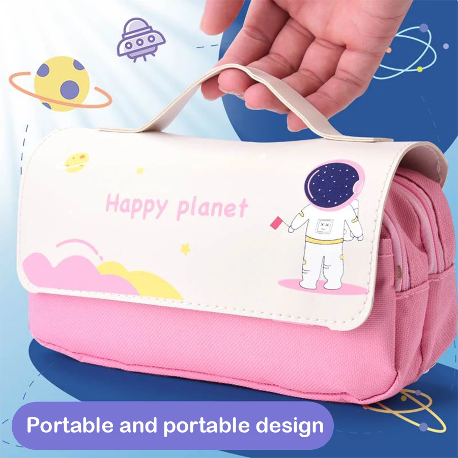 Kawaii 연필 케이스 대용량 우주 비행사 주머니 방수 빨 수있는 가죽 펜 상자 학교 사무용품 편지지