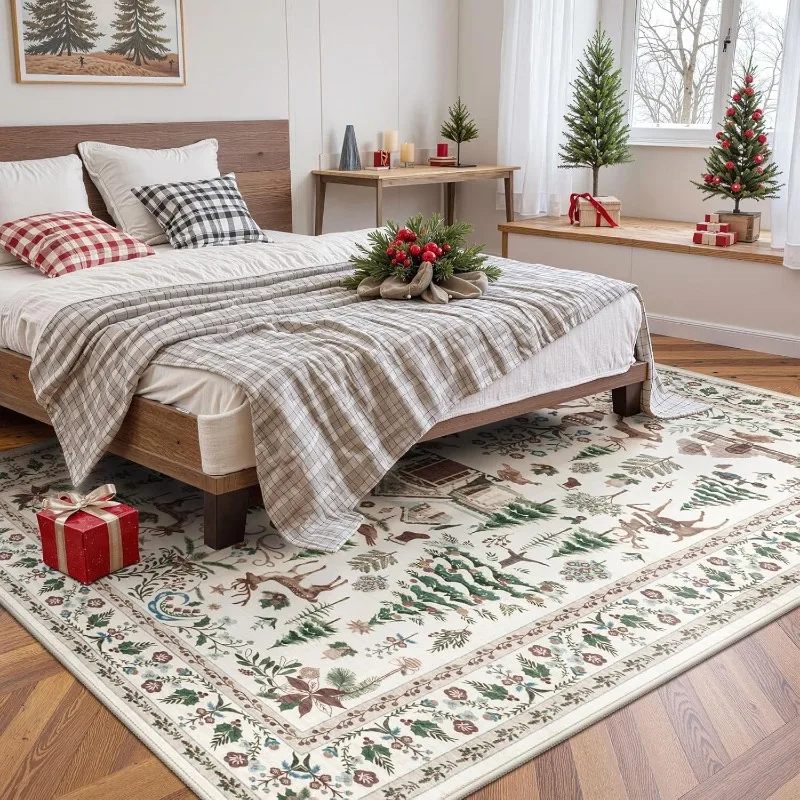 Christmas Themed Living Room Carpet Christmas Tree Reindeer Print Bedroom Rugs Machine Washable Non-slip Coffee Table Mats Tapis