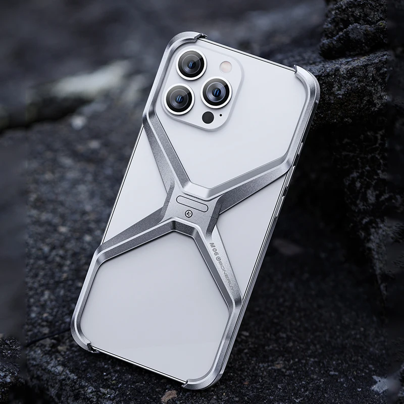 Luxury Aluminum Rimless Phone Case For iPhone 15 13 14 Pro Max Metal X Type Removable Heat Dissipation Armor Shockproof Cover