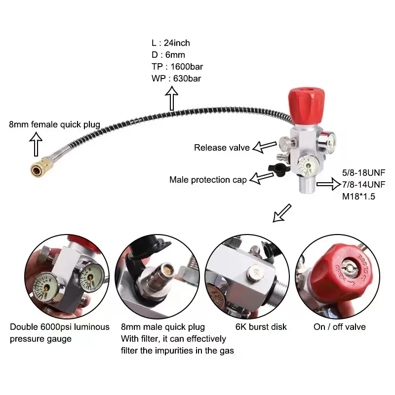 5/8-18UNF or M18*1.5 or 7/8-14UNF Paintball Fill Station Paintball pcp air Charging Valve Dual Gauge with 50cm Hose