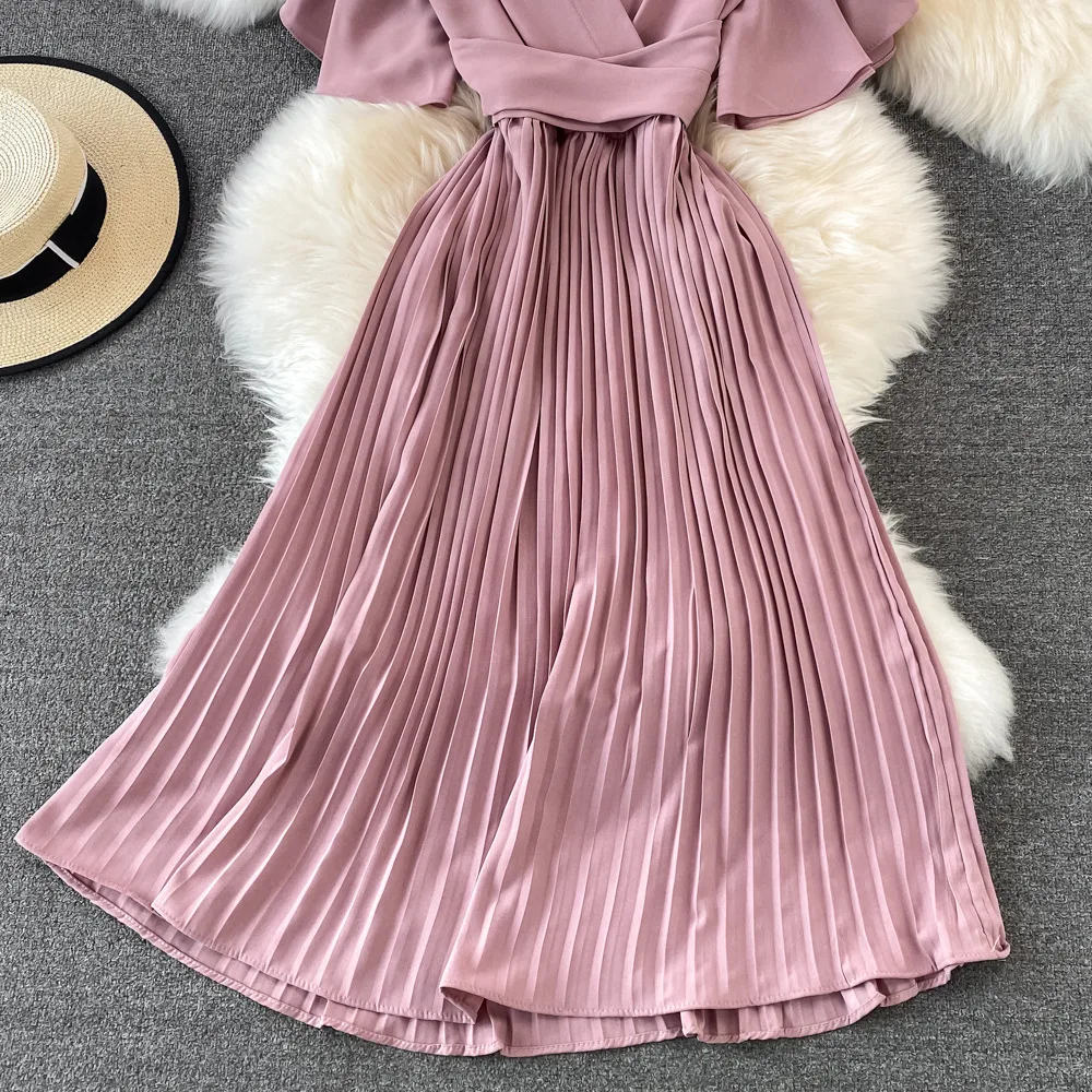 Women Elegant Pleated Dress Summer Short Sleeve V-neck Vintage Dresses Ladies A Line High Waisted Midi Dress
