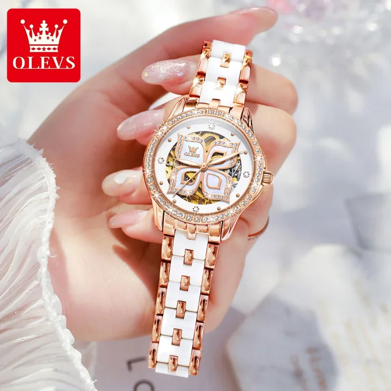 OLEVS Automatic Mechanical Skeleton Watch for Women Luxury Rose Gold Dial Ceramic Strap Diamond Women's Wristwatches Reloj Mujer