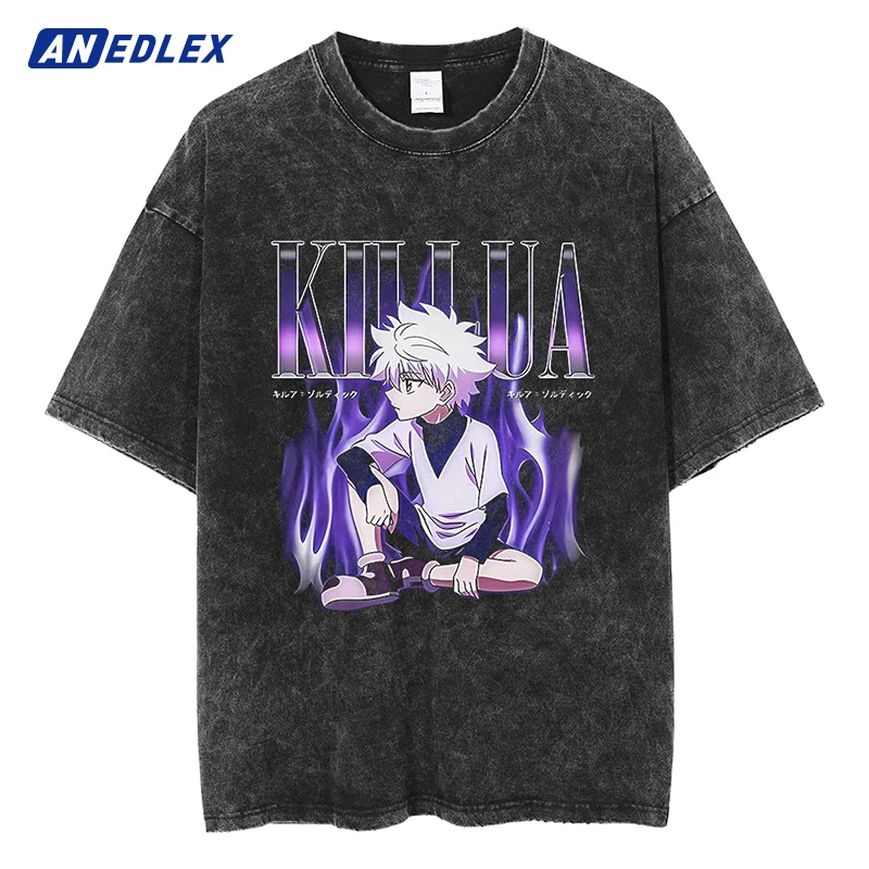 

Men Washed T-Shirt Harajuku Streetwear Japanese Anime Hunter × Hunter Graphic T Shirt Cotton Tshirt Short Sleeve Tees