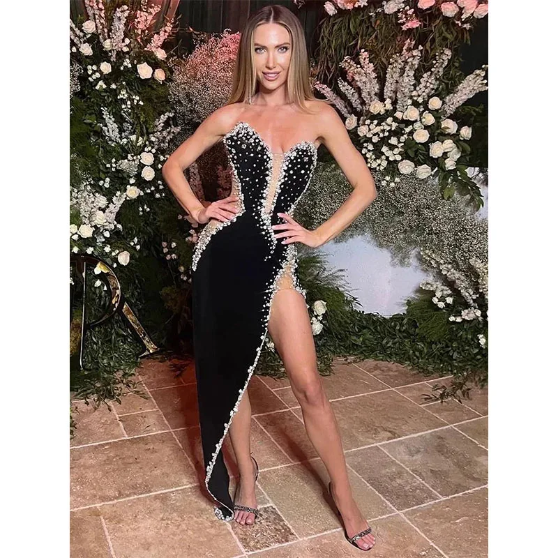 

2024 Sexy Women New Black Side Split Cocktail Dresses Strapless Sheath Prom Dresses Party Dress Formal Homecoming Gowns