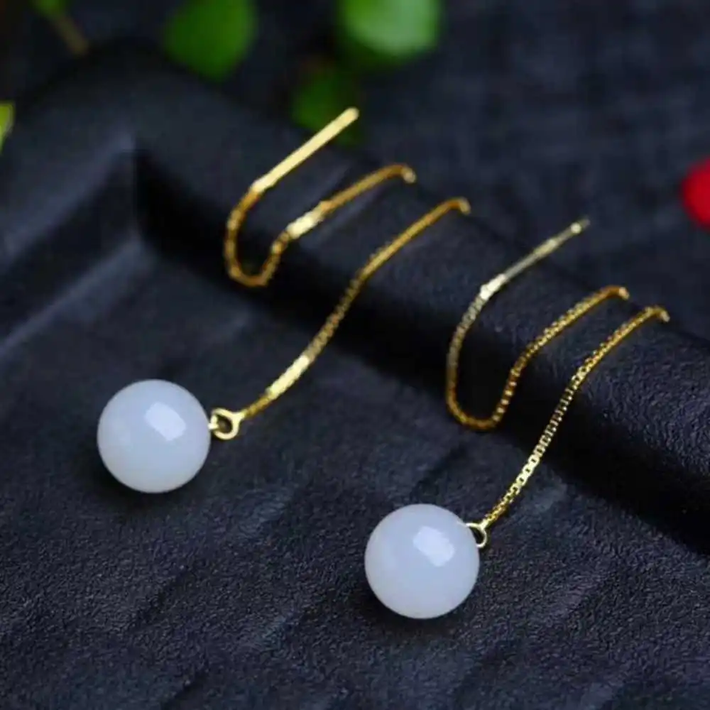 

10MM Natural White agate jade Earrings 18k Ear line Eardrop Freshwater Aquaculture Classic Mother's Day Diy Cultured Women Party