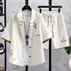 Summer New men's Printed Shirt Sets High quality Fashion Trend Shirt Shorts 2Piece Suit 1