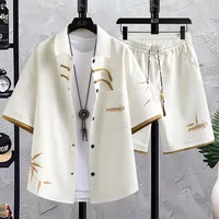 Summer New men's Printed Shirt Sets High quality Fashion Trend Shirt Shorts 2Piece Suit 1