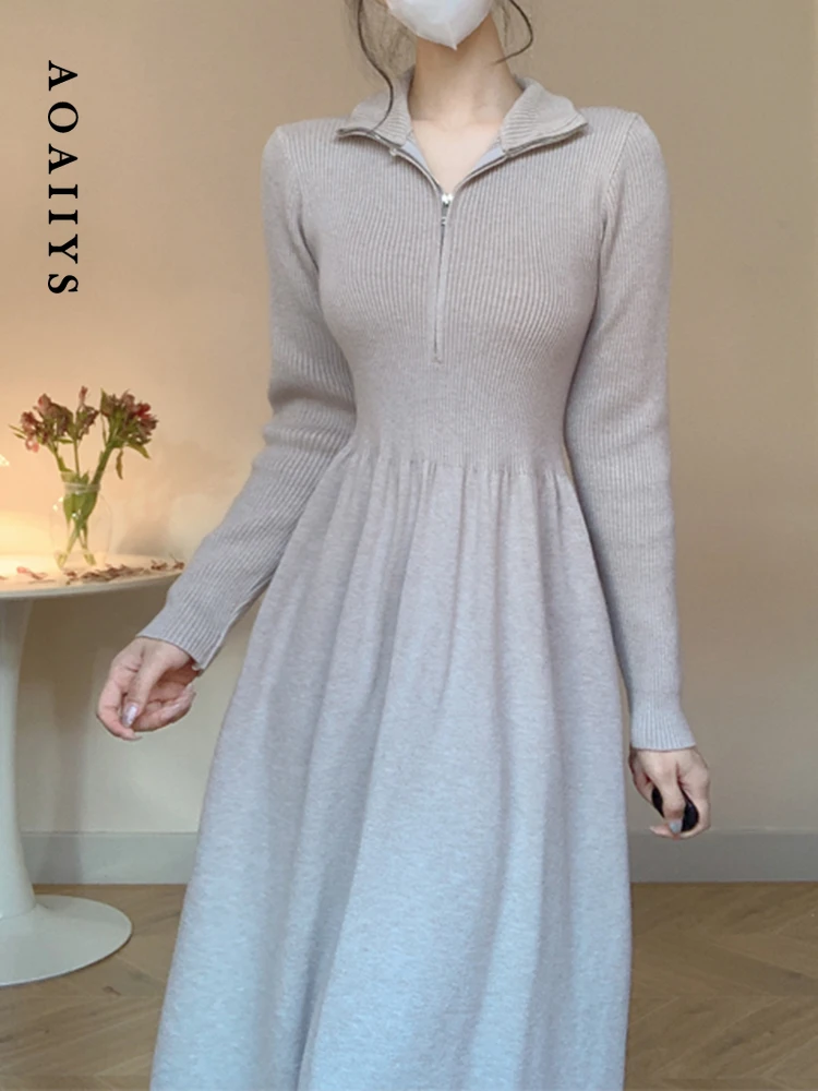 

Aoaiiys Dresses for Women Dress 2023 Autumn New Zippers Knitted Slim Solid Turn-down Collar High Waisted Dress Mid-Calf Clothing