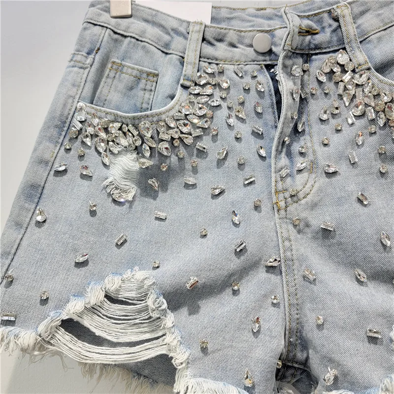 New Hole Denim Shorts Female 2024 Summer High Waist Slim Fit Heavy Industry Diamond-encrusted Burr Wide-leg Jeans Hot Trousers