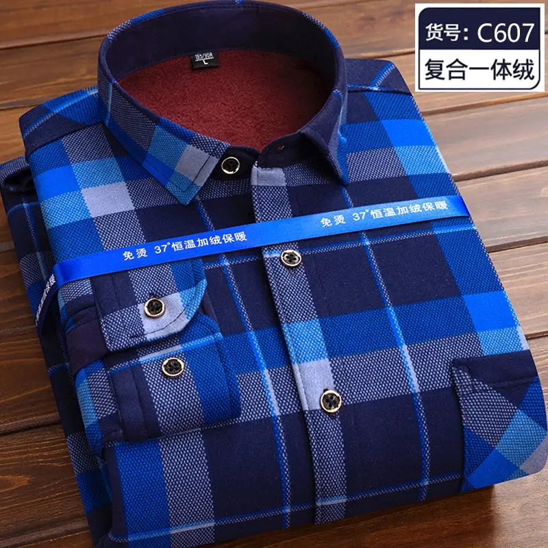 2023 Fall and Winter Men's Long-sleeved Velvet Shirt Warm Shirt Plaid Coat Clothes Men's Shirt Middle-aged Men Warm