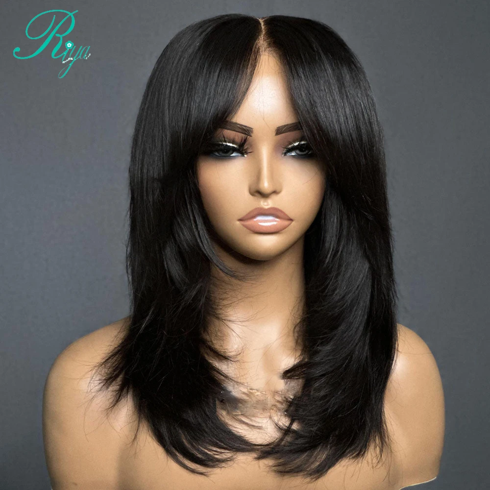 Wear to Go Glueless Yaki Straight Human Wigs 7x5 Lace Closure Wig Inspired Layers With Curtain Bang 34 Inches Pre Cut Lace Wigs