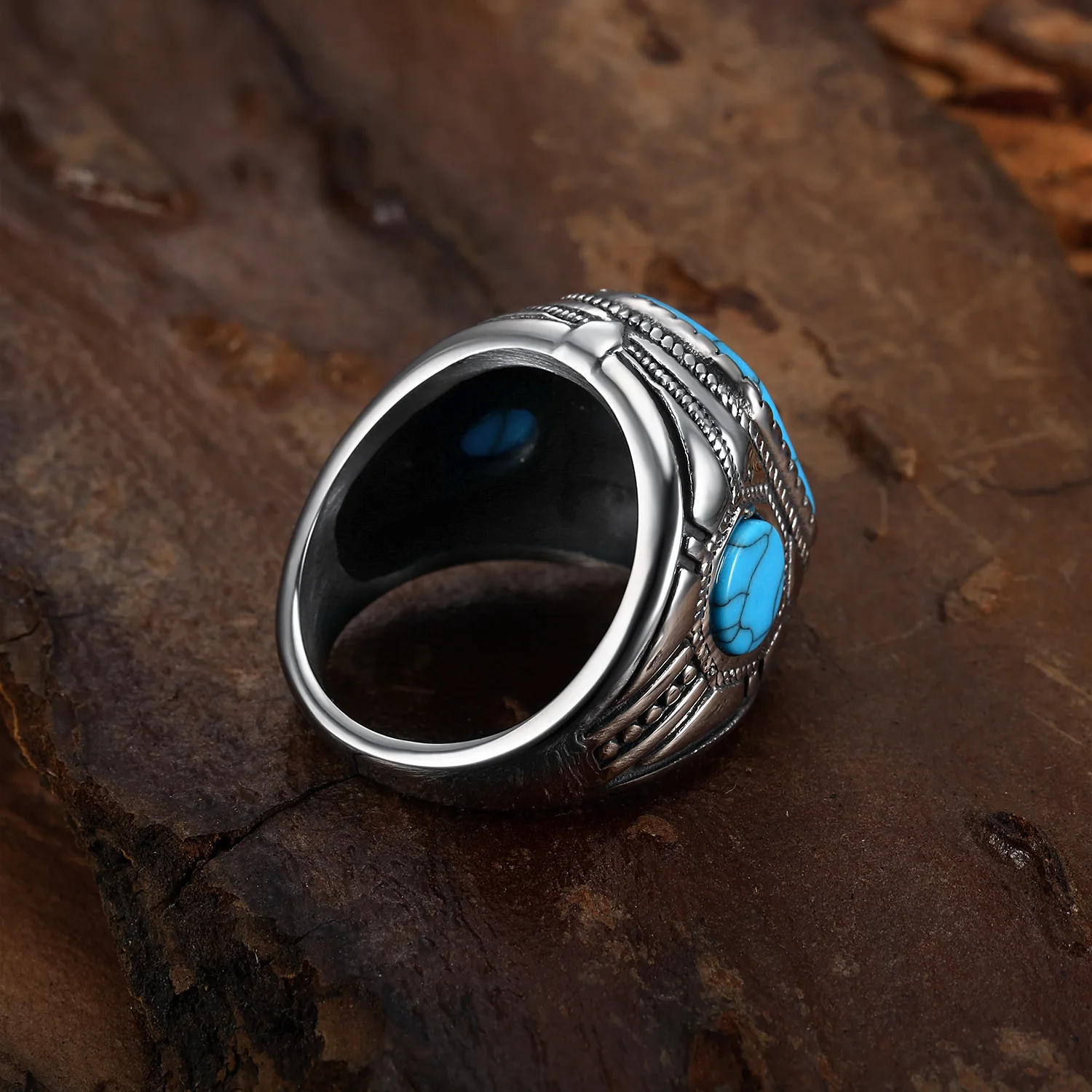 Megin D Stainless Steel Titanium Blue Stone Chalchite Carved Retro Vintage Hip Hop Punk Rings for Men Women Couple Gift Jewelry