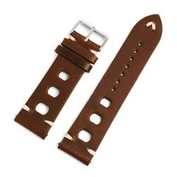 Vintage Genuine Leather Racing Watch Band with Quick Release and Breathable Design, Handmade Stitching - 22mm (Red brown)