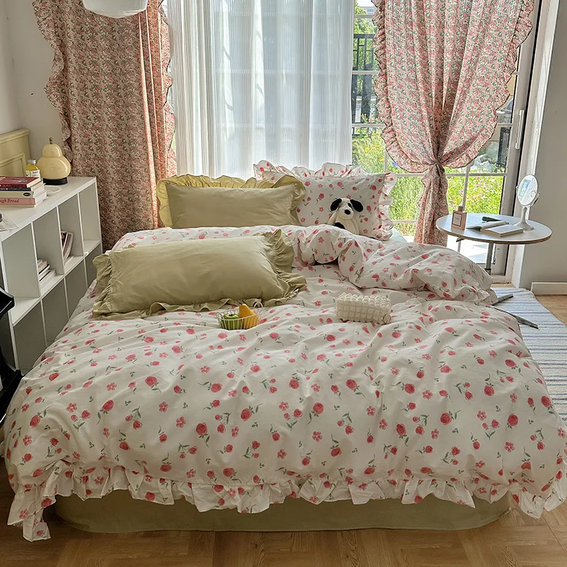 

100% Cotton French Pastoral Flowers Ruffles Bedding Set Small Floral Single Duvet Cover Set Flat/Fitted Bed Sheet Pillowcases