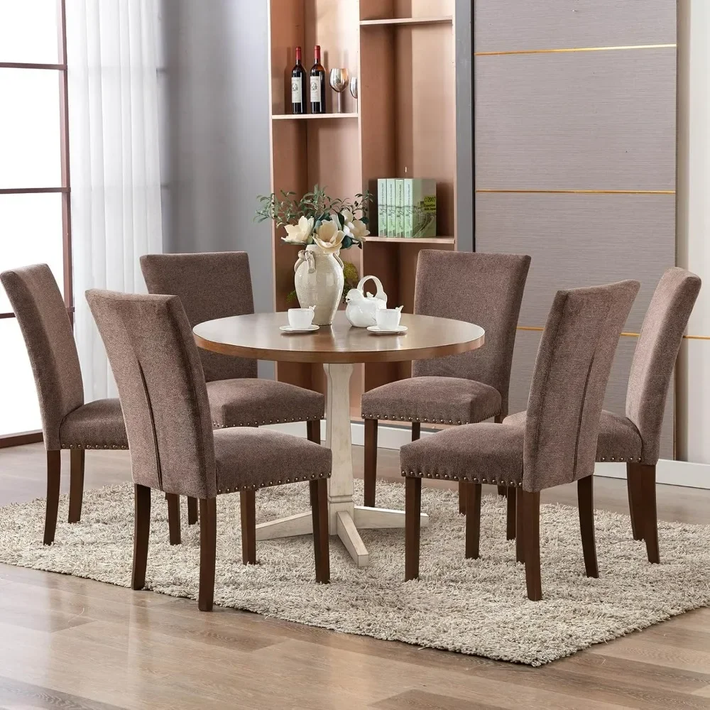 Fabric Parsons dining chair 6-piece set, fabric restaurant kitchen side chair with nail head trim and wooden legs-brown