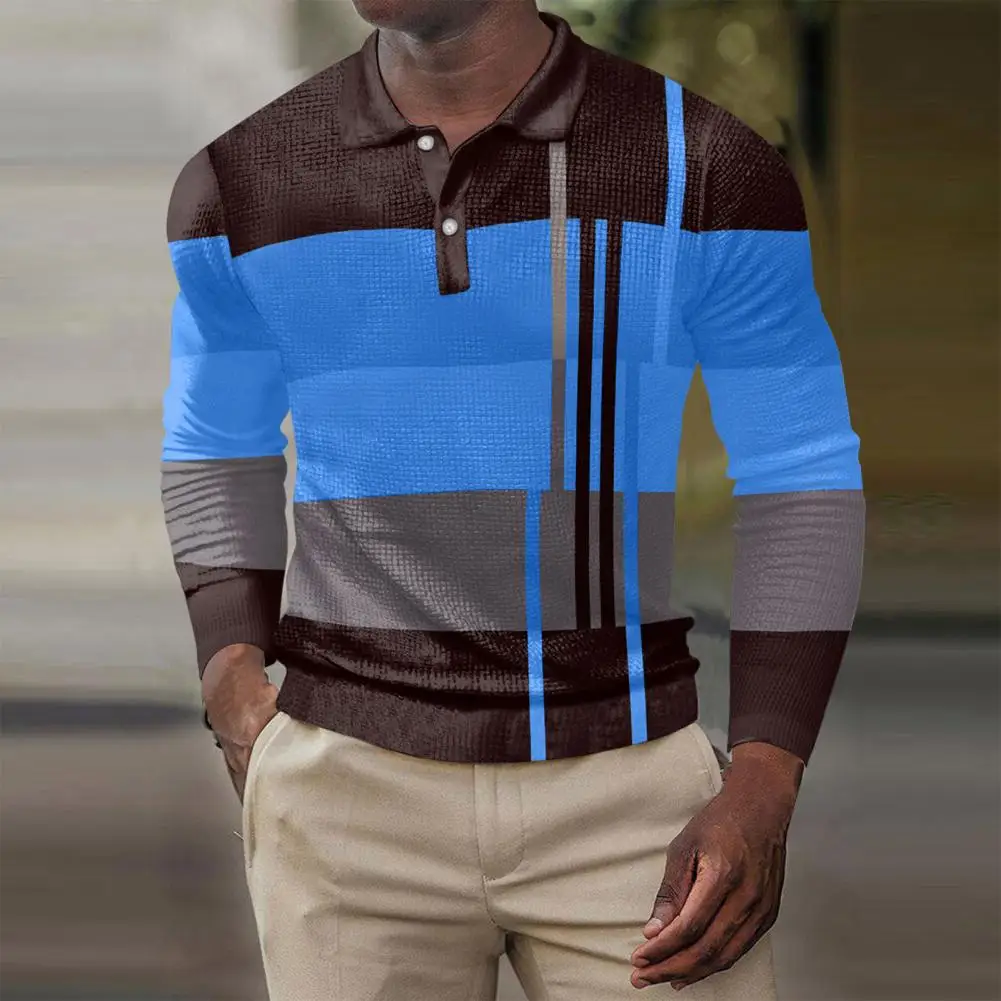 

Men Spring Fall Top Colorblock Buttons Turn-down Collar Long Sleeve Soft Breathable Casual Mid Length Business Style Casual Men