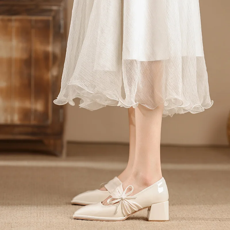 2023 Spring New Mary Jane Shoes High Heel Single Shoes Square Head Shallow Mouth Thick Heel Bow Patent Leather Shoe