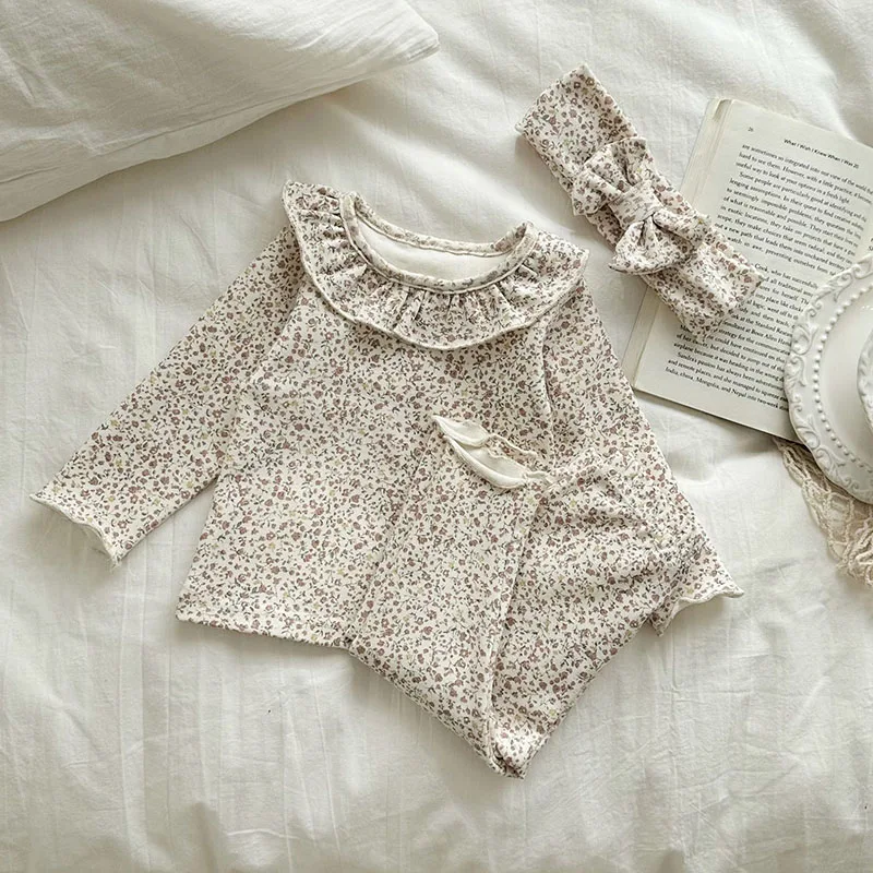 Description Picture 2 of item3PCS Autumn Baby Home Wear Suit for 0-2Y Lovely Floral Infant Girls Sleep Wear Toddler Ruffle Collar Loungewear with Headband