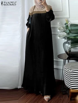 2025 Fashion Long Sleeve Muslim Abaya Dress ZANZEA Pleated Sundress Women Patchwork Maxi Dresses Robe Femme Ramadan Vestidos