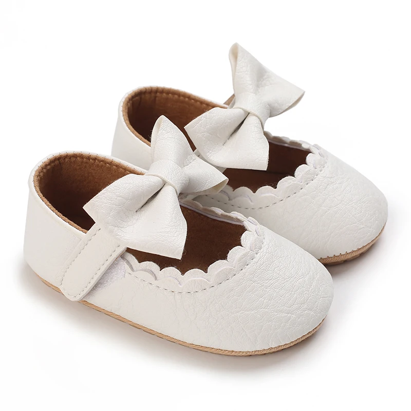 Baby Girl White Baptism Shoes Infant Toddler Bowknot Non-slip Rubber Soft-Sole Flat PU First Walker Newborn Bow Decor Mary Janes