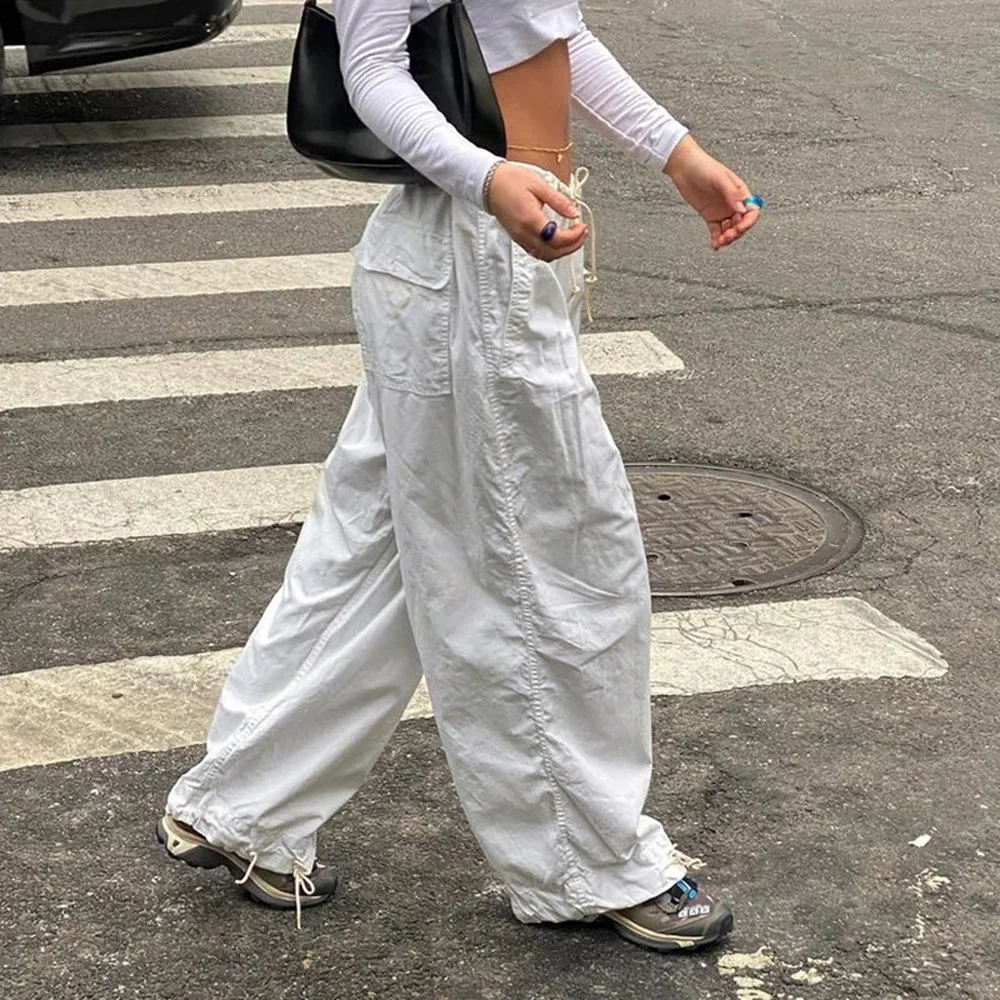 2024 women's new pants with large pockets and drawstring, fashionable low waisted wide leg casual pants streetwear women YBF23-3