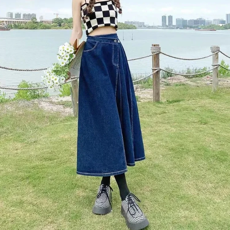 

DEEPTOWN Pleated Denim Skirt Long Women High Waist A-line Korean Style Patchwork Irregular Midi Skirt Summer Casual Fashion