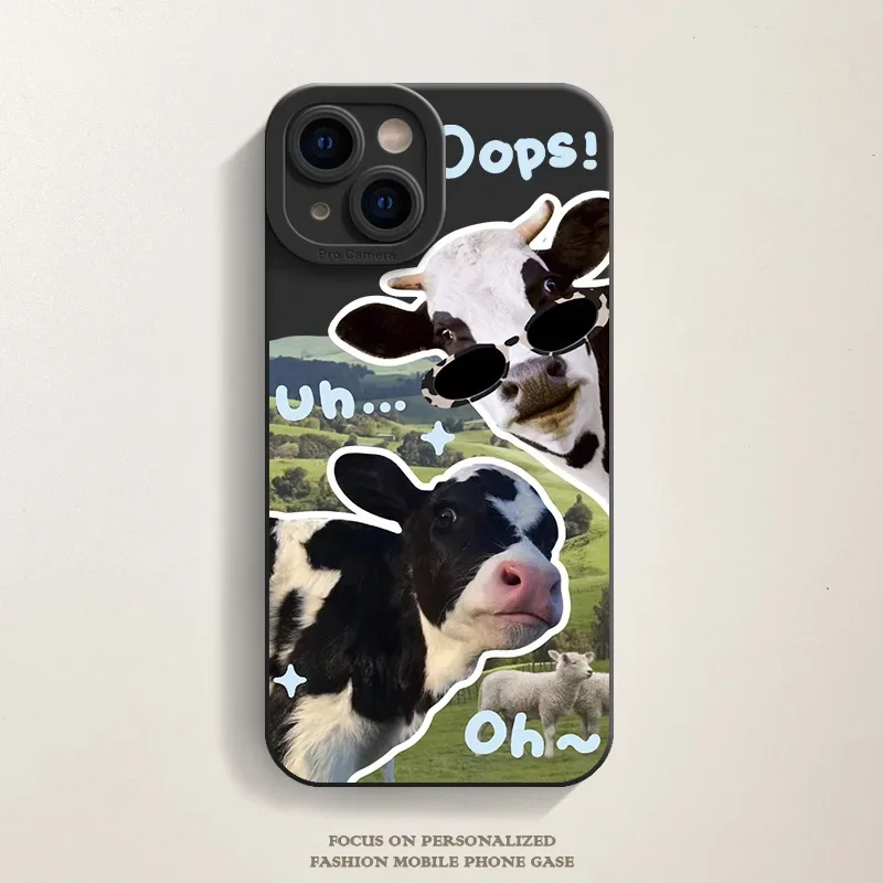 thumbnail image 1 of Korean Cute Collage Sunglasses Cow Phone Case For iPhone 15 14 13 12 Pro Max 11 Lovely Cool Silicone Shockproof Soft Back Cover, 1 of 5