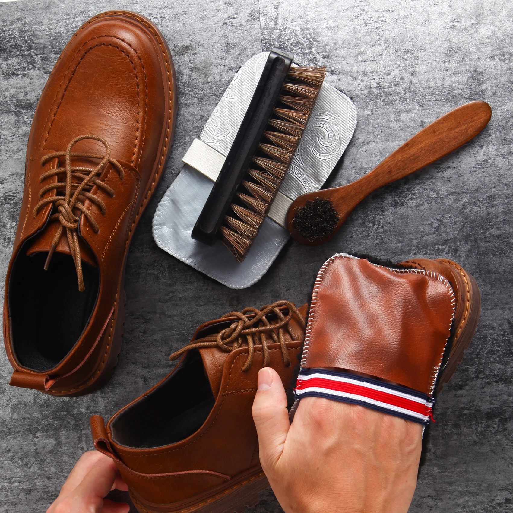 Horsehair Shoeshine Brush Kit Polish Applicator Applicator Cleaner Cleaning Brush with Microfiber Shoe Gloves 5