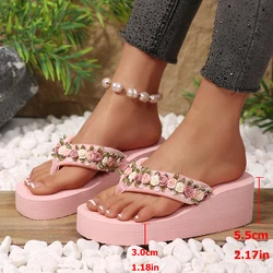 Chic Pink Flower Decor Lightweight Wedge Platform Sandals for Women (Pink)