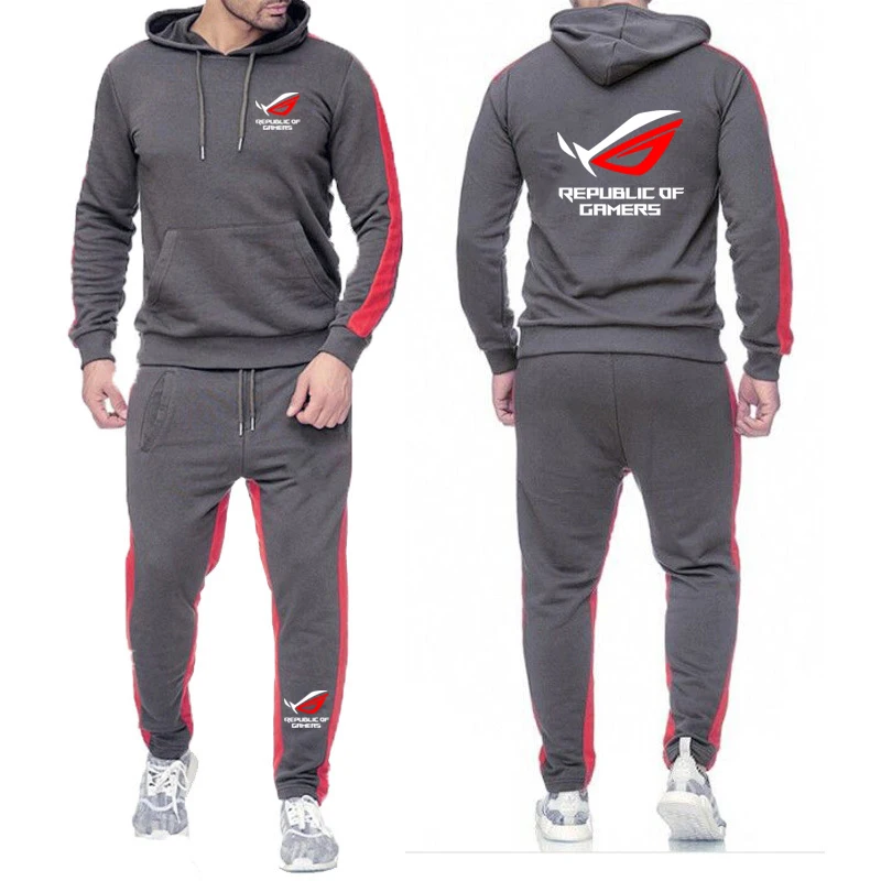 Men ROG Republic Of Gamers Tracksuit Hoodies Solid Color Thick Pullover Long Pant 2-piece Set Autumn Fleece Jogger Sports Suit 2