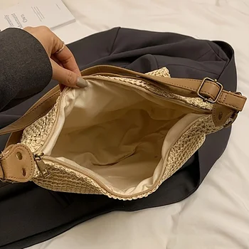 حقيبة كروس نسائية عصرية ذات سعة كبيرة من القش المنسوج، حقيبة هوبو على شكل زلابية، مثالية للتسوق في العطلات والسفر 6