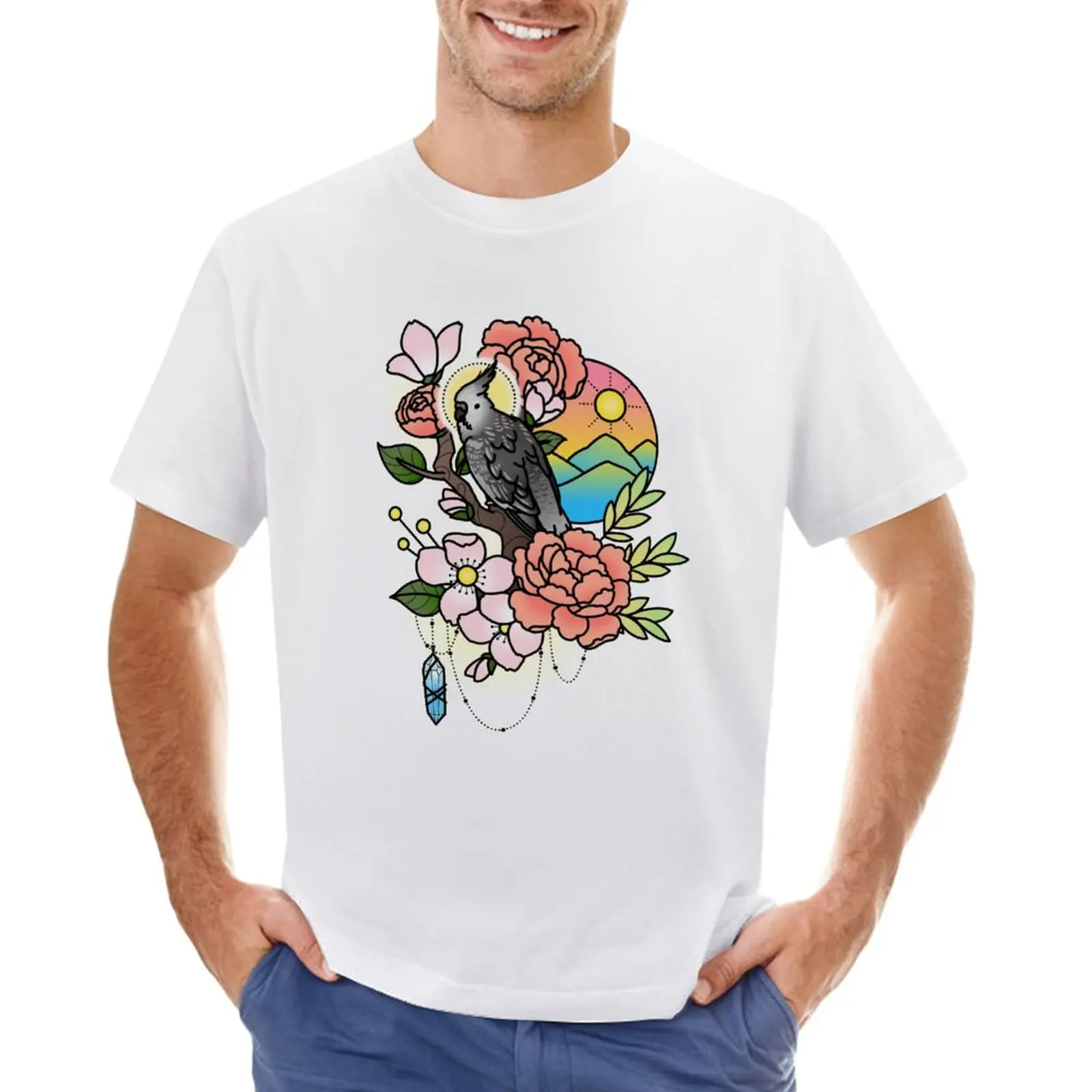 

White-faced Cockatiel Tattoo-style T-Shirt customizeds oversizeds summer tops Aesthetic clothing Men's cotton t-shirt