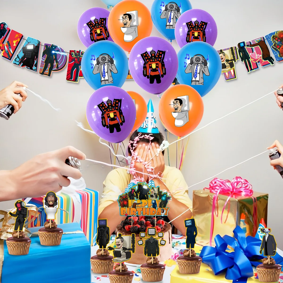 1Set Skibidi Toilet Theme Birthday Party Decor Latex Balloons Happy Birthday Banner Agme Themed Men Boy Party Decorations images - 6