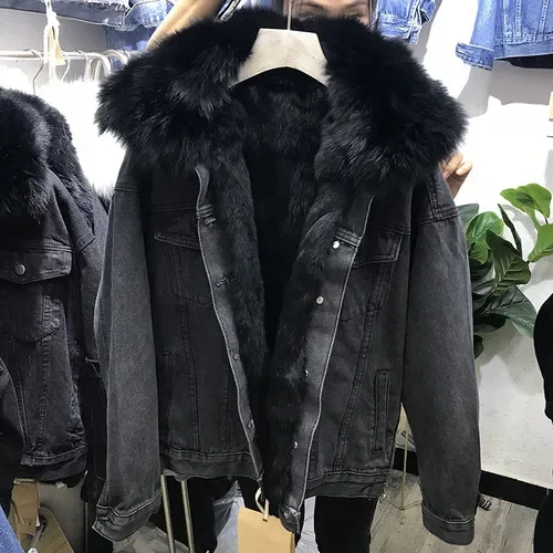Fox Fur Collar Denim Jacket Women Thicken Warm Winter Coats Cotton Padded Jackets Detachable Rabbit Fur Liner Jean Parka Coats