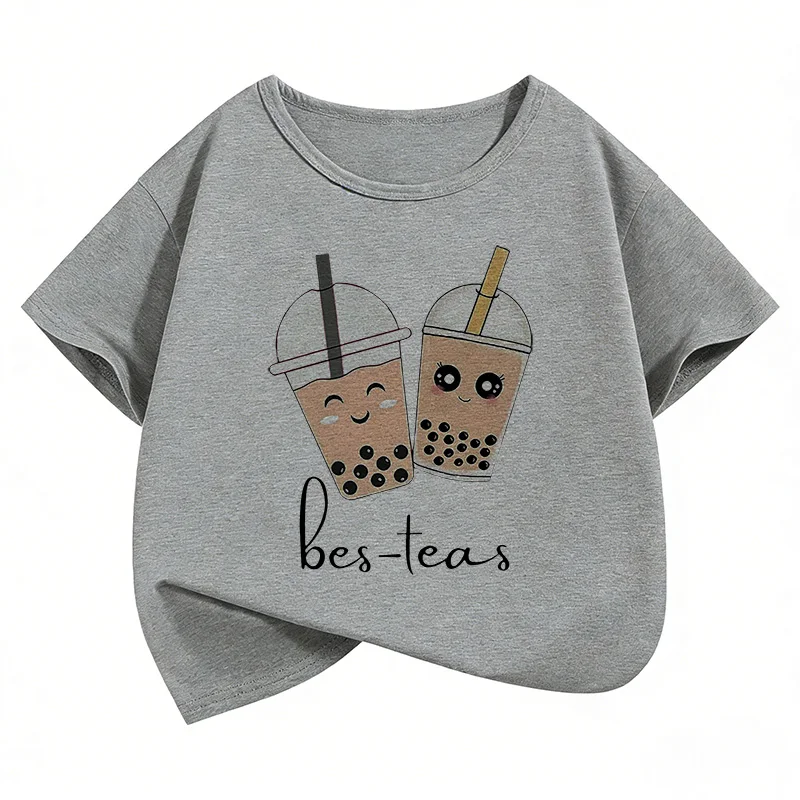 Whimsical Kawaii Tea Party Kids' Cartoon T-Shirt - Short Sleeve Casual Top