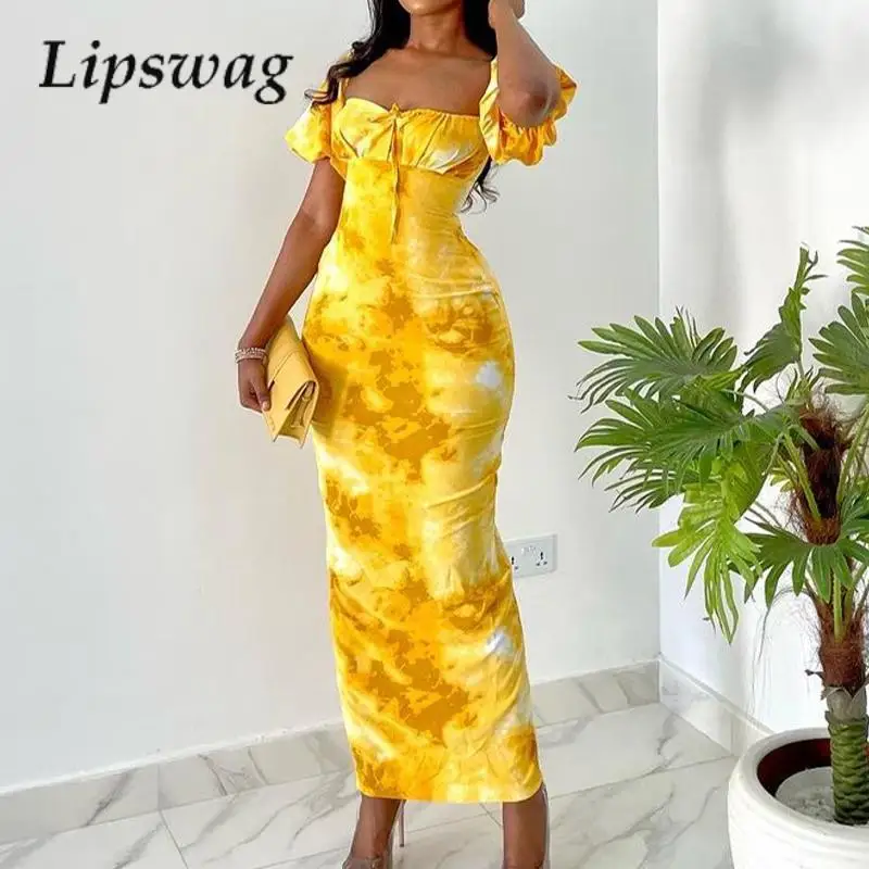 

Fashion Tie-Dye Print Split-Ended Vacation Dress Chic Tight Bubble Short-Sleeved Party Dress Elegant Square Neck Lace-Up Dress