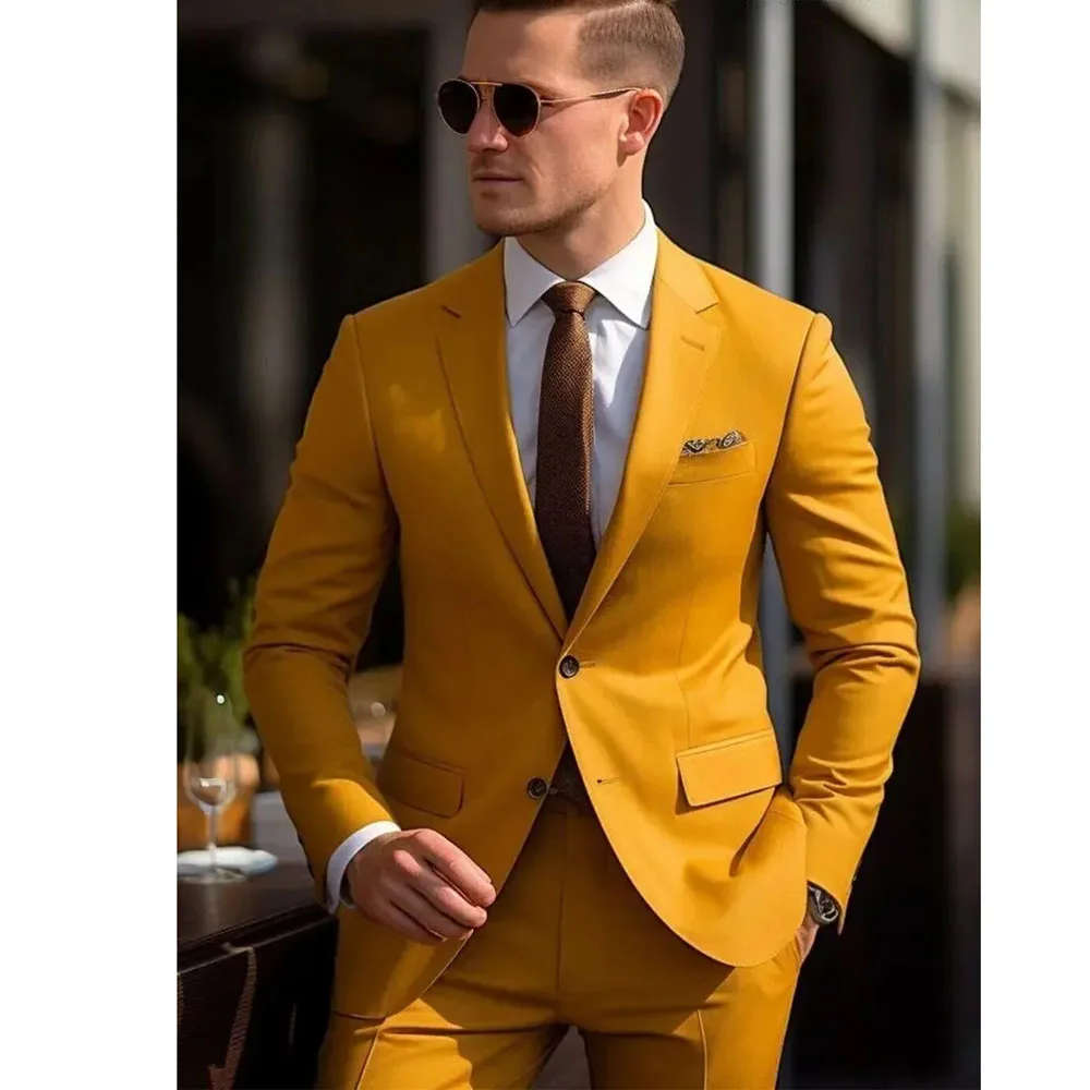 

Formal Gentlemen Elegant Yellow Men's Suits Single Breasted Notch Lapel Skinny Outfits Set Chic Wedding 2 Piece Jacket Pants Set