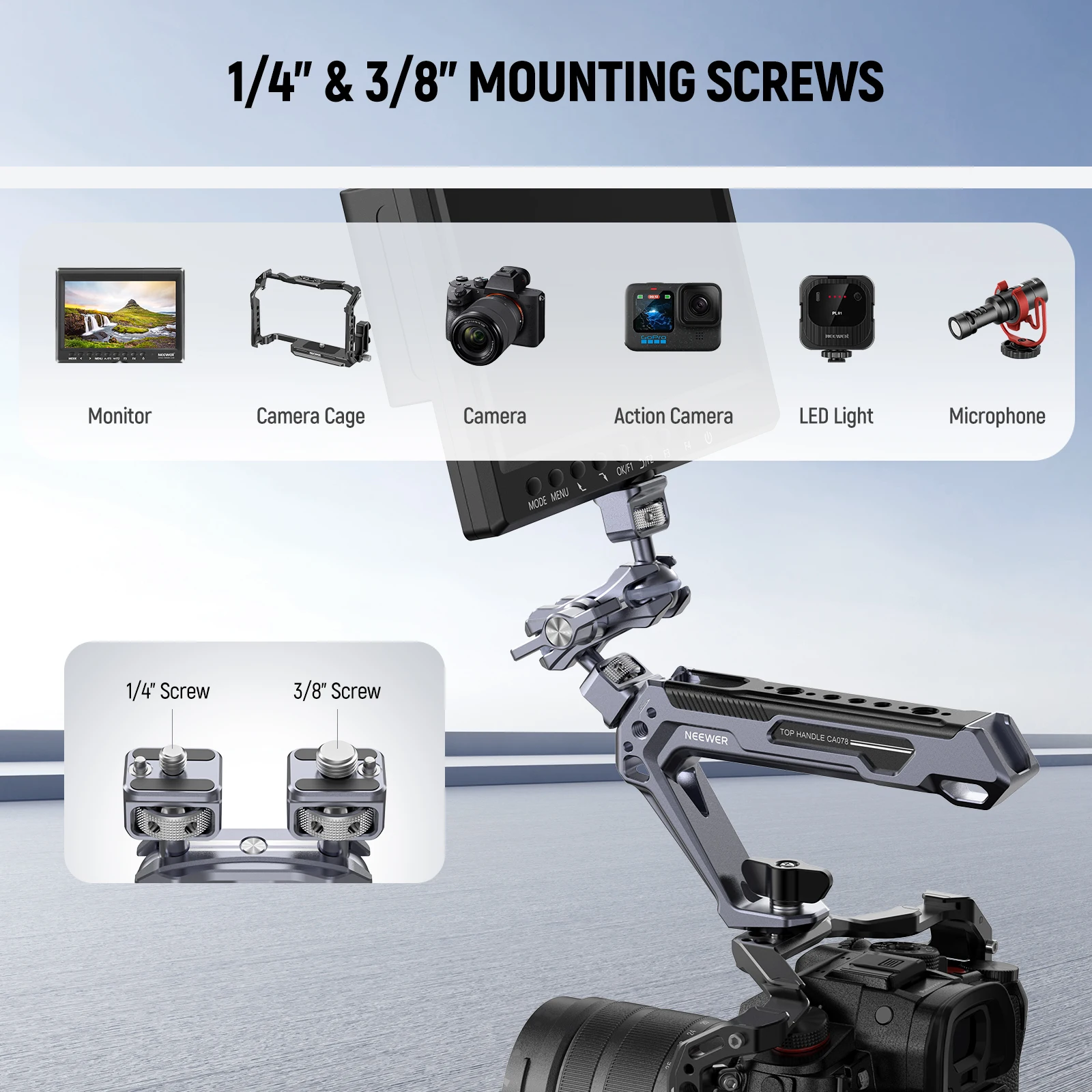 NEEWER 경량 매직 암 관절형 마찰 암(1/4 나사 포함) 카메라 모니터용 개폐식 안티 트위스트 위치 핀