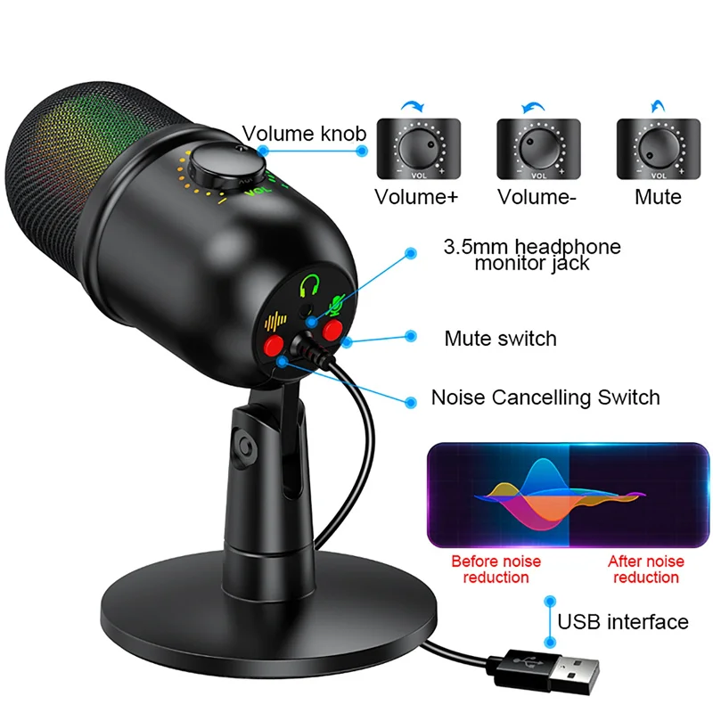 Desktop Microphone Condenser Mic with RGB Gaming Ambient Light for