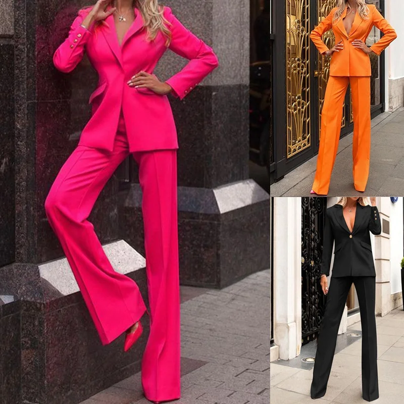 Red Women's Stylish Slim Fit Suit Single Breasted Peak Lapel 2-Piece Jacket Pants Business Formal Occasion Female Clothing