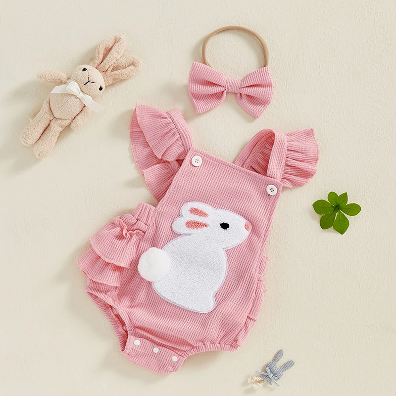Newborn Baby Girl Easter Outfit Carrot Embroidery Romper Waffle Ruffle Bodysuit Headband Summer Outfit 0-18M 4