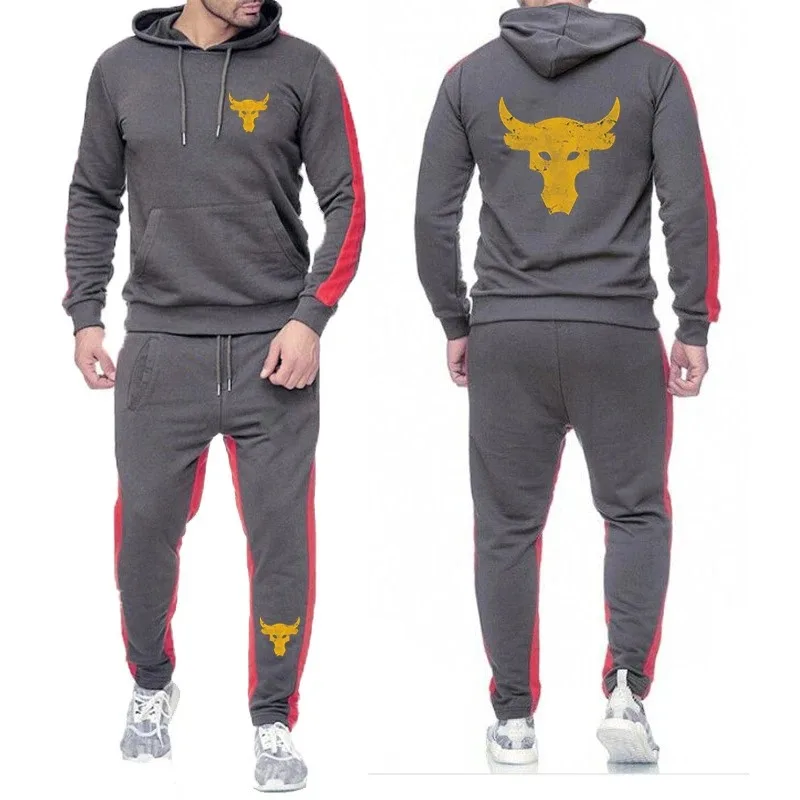 

2024 Spring Autumn Men's Dwayne Johnson Brahma Bull Tattoo Print Fashion Hooded Hoodies+Sweatpants Solid Color Sports Loose Sets