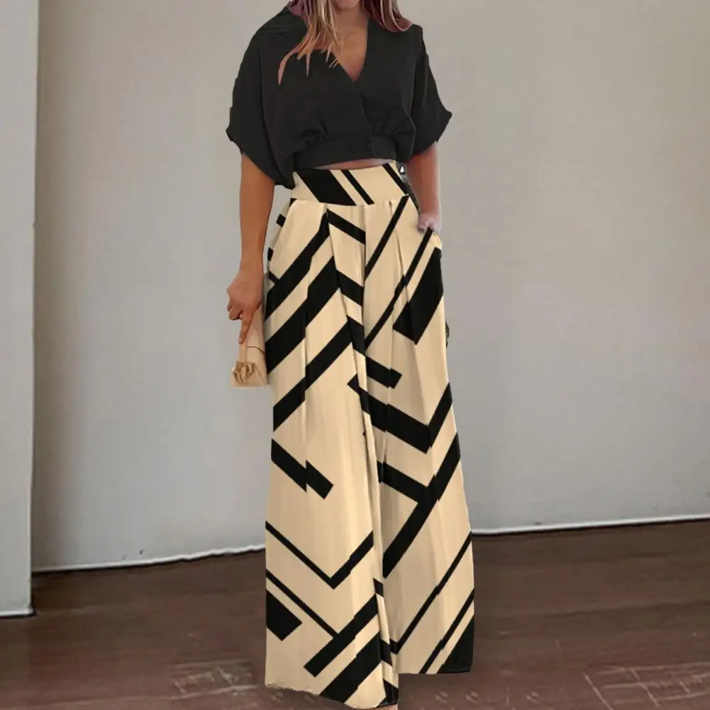 

Eye-catching High-waisted Pants Set V Neck Shirt Wide Leg Pants Set with Color Matching Pockets Commute Top Trousers for Women